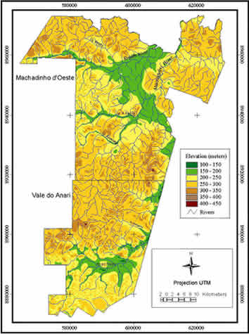 Machadinho d'Oeste and Vale do Anari - Elevation Classes and Rivers.