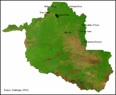 The State of Rondônia seen through a mosaic of Landsat TM images from year 2000 (Bands 3, 4, and 5).