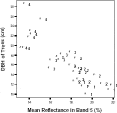 DBH of trees and mean reflectance in Landsat TM band 5 within vegetation classes sampled in Machadinho d’Oeste and Vale do Anari.