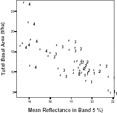 Total basal area and mean reflectance in Landsat TM band 5 within vegetation classes sampled in Machadinho d’Oeste and Vale do Anari.