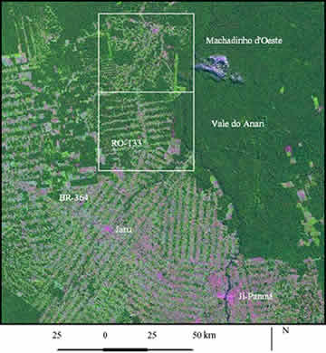 Landsat TM image from 1998 (bands 3, 4, and 5) showing Machadinho d'Oeste and Vale do Anari distinct designs of colonization.
