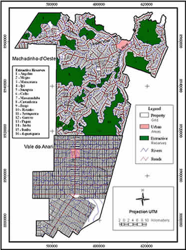 Machadinho d'Oeste and Vale do Anari - Property Grids, Roads, Rivers, and Extractive Reserves.
