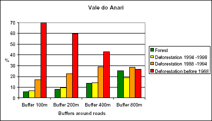 The route of deforestation around roads in Vale do Anari until 1998.