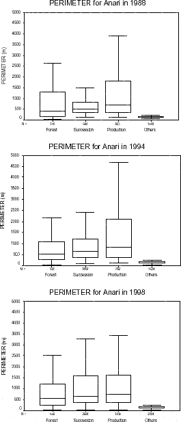 Patch perimeter distribution for Vale do Anari in 1988, 1994, and 1998.