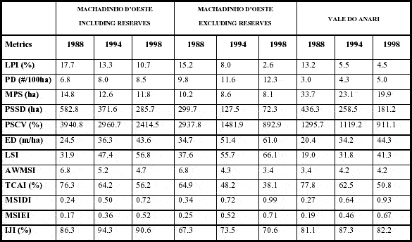 Computed metrics for Machadinho dOeste and Vale do Anari landscapes in 1988, 1994, and 1998.